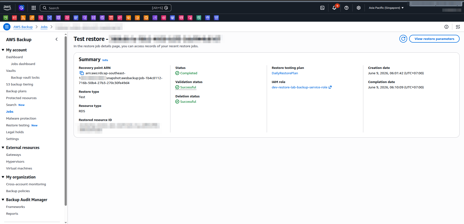 AWS Backup restore testing job detail showing Status: Completed and Validation status: Successful
