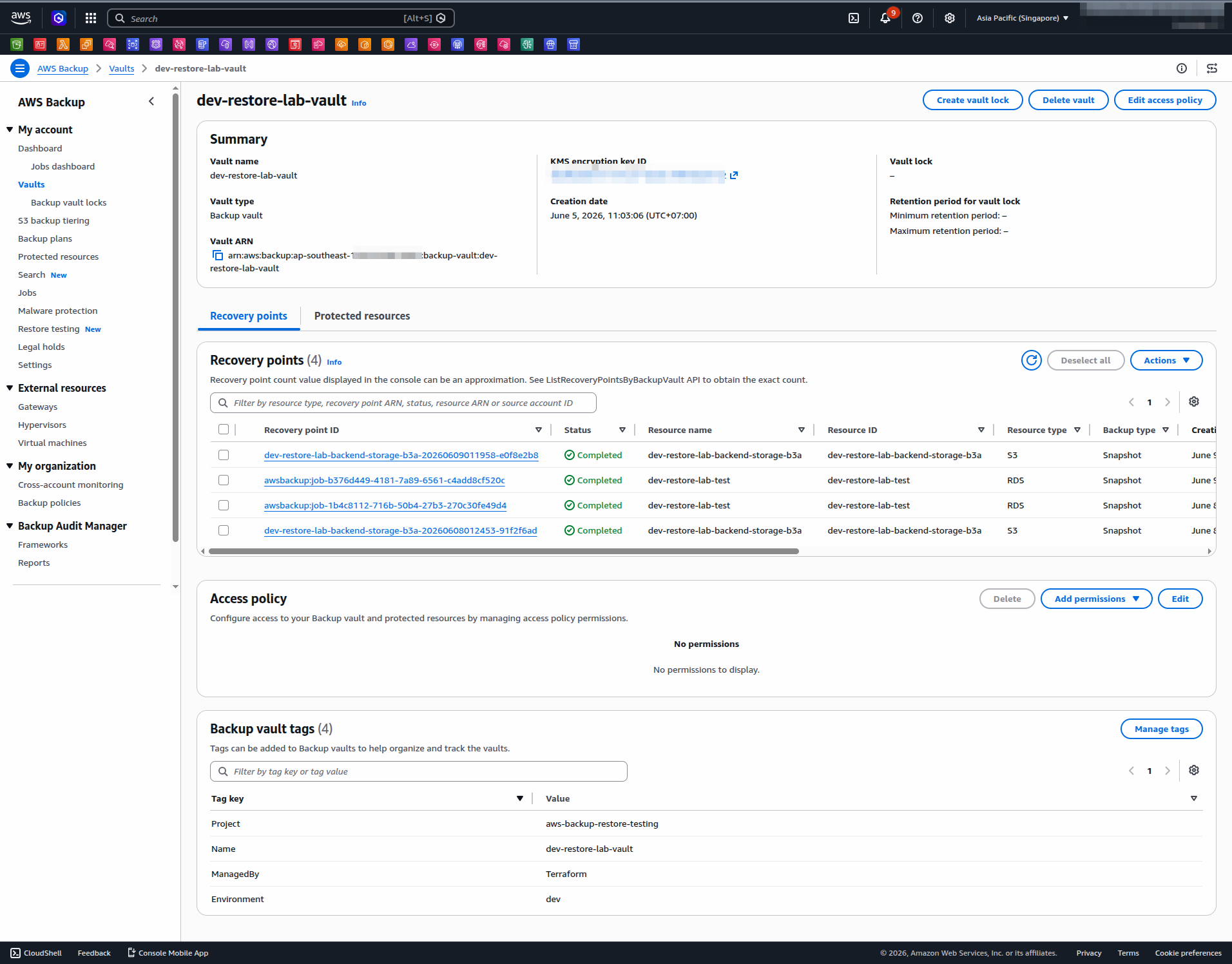 AWS Backup vault showing multiple recovery points with Completed status across RDS and S3 resources