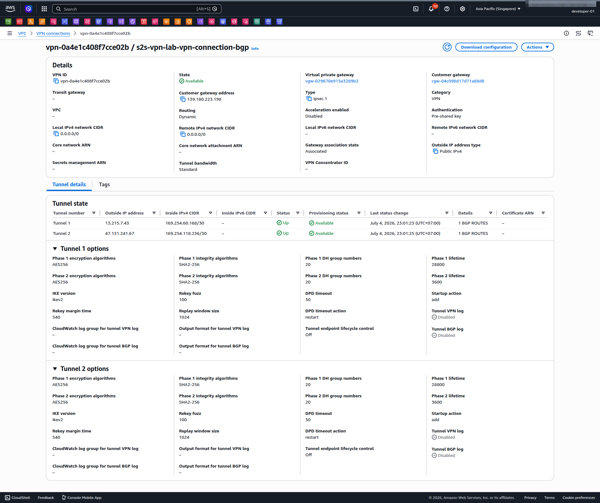 AWS Site-to-Site VPN console showing both tunnel endpoints with status UP and dynamic (BGP) routing