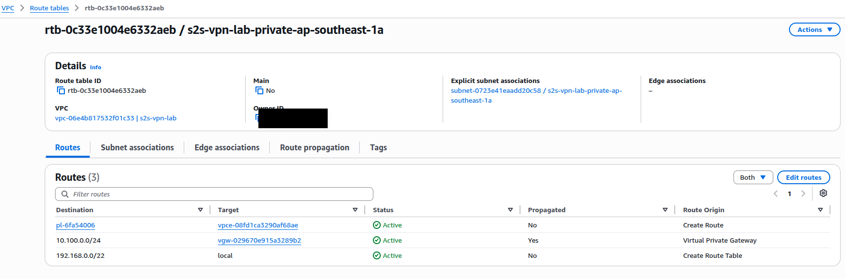 VPC route table showing the on-premises CIDR route via the Virtual Private Gateway with Propagated = Yes