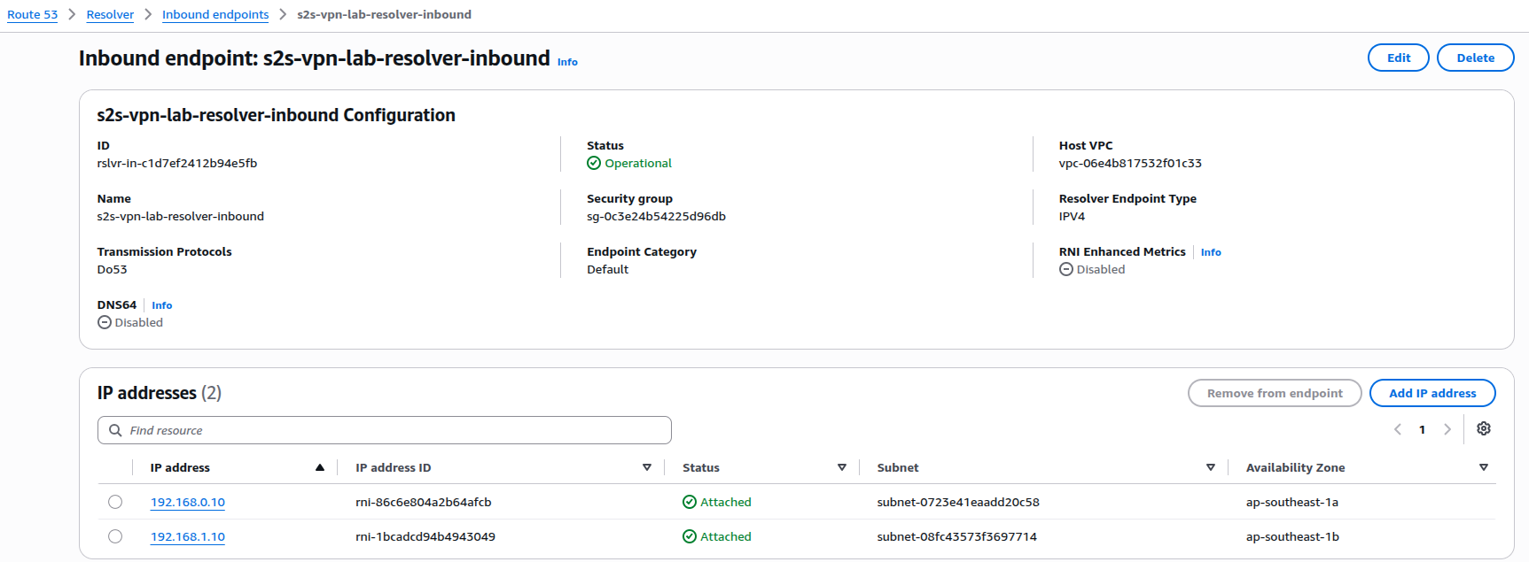 Route 53 Resolver inbound endpoint with two ENIs at pinned IP addresses across two availability zones