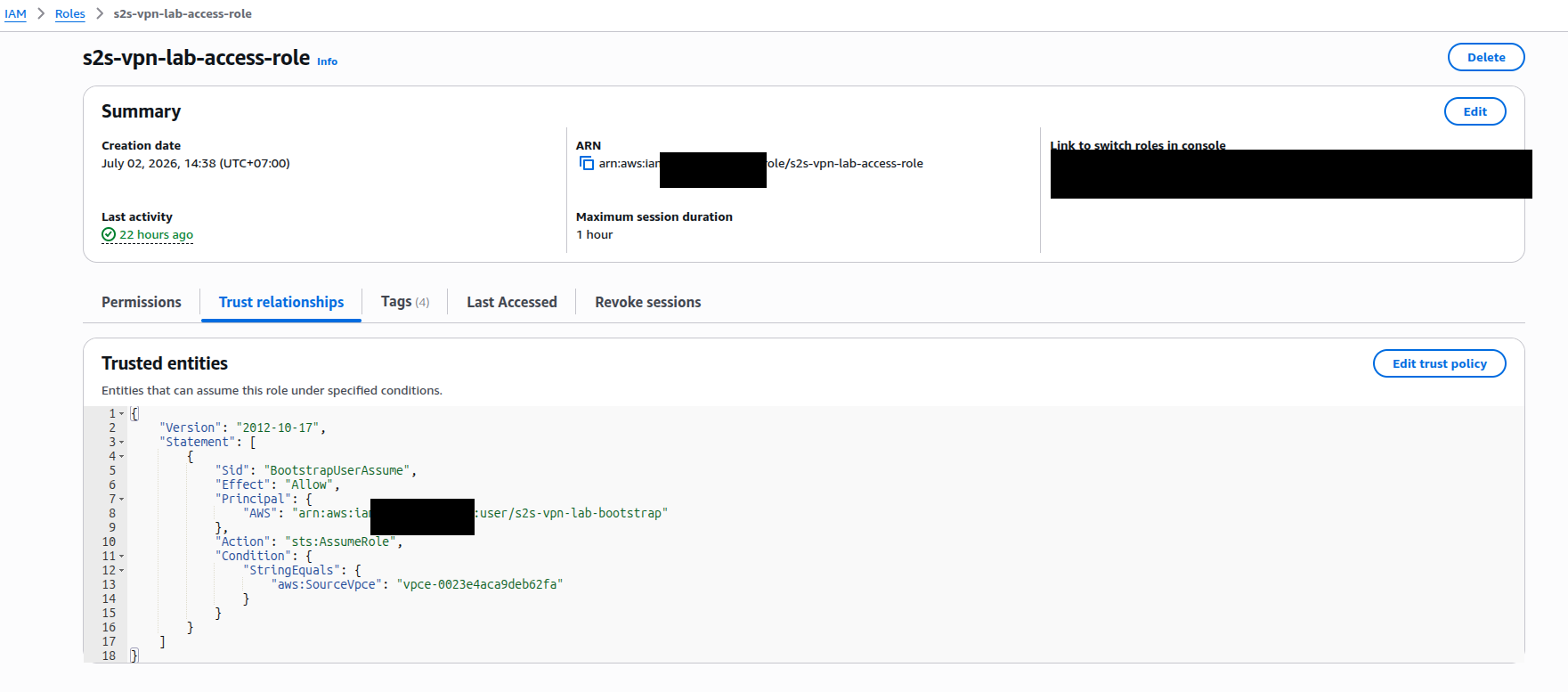 IAM access role trust policy showing the bootstrap user principal and the aws:SourceVpce condition