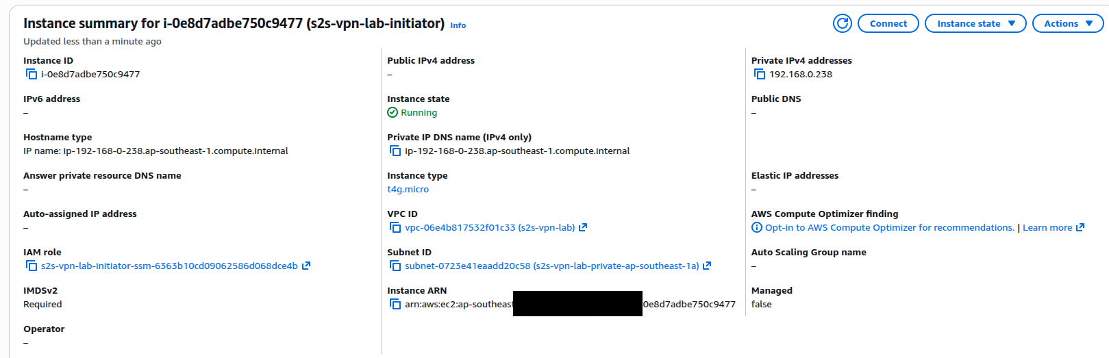 EC2 initiator instance summary — private IP in the VPC, SSM-managed, no public address