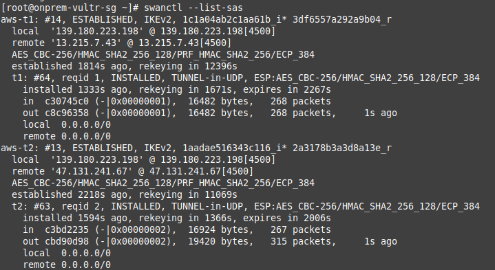 swanctl --list-sas output on the on-premises server showing two ESTABLISHED IKE SAs with AES-256/SHA-256 proposals