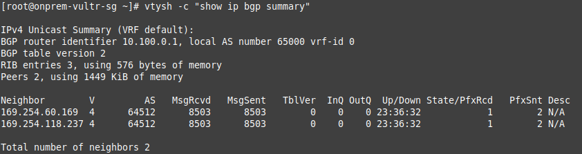 FRR show ip bgp summary output with two established BGP neighbors over the tunnel inside addresses